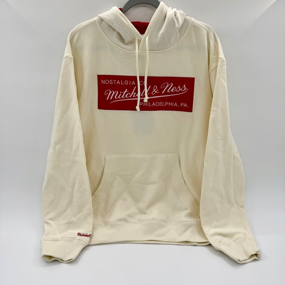 Mitchell & Ness Mens Heritage Fleece Hoodie Cream Red Vintage Logo TH8273 Large